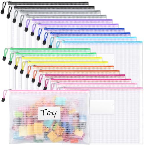 Sooez 20 Pack Mesh Zipper Pouch Bags, A4 Letter Size, Zipper Bags with Label Pocket, Waterproof Pouches for Classroom Organizer, Board Game Toy Storage, Document Bag for Teacher School Office Supplies - style: 20 Pack
