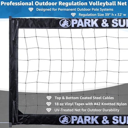 Park & Sun Sports BC-400 Professional Outdoor Volleyball Net – Regulation 39" x 32' – 18 oz Vinyl Tapes with Coated Steel Cables (Top & Bottom), Black