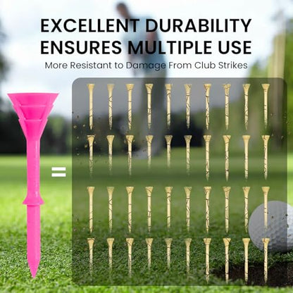 VEASAERS Golf Tees Plastic 3 1/4 inch Unbreakable 30 Pack with Pouch Bag, Durable Stable Available 83 mm Long Tee for Golfer Practice - color: Pink