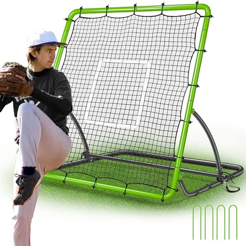 Heavy Duty Baseball Rebounder Net Pitchback, Baseball and Softball Bounce Back Net for Ground, Line Drive, Fly Ball Return Settings Fielding Trainer - color: Green, size: 4x4.5 FT