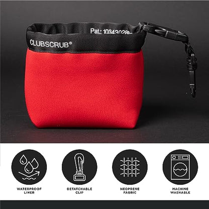 Club Scrub Golf Club and Golf Ball Cleaning Bag, Waterproof Clean Face Technology Liner, Detachable Clip, Machine Washable, Cleans Club Grooves, Dry Exterior (Neoprene or Microfiber Option Available) - color: Red, style: Neoprene