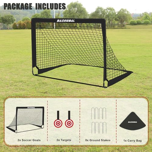 BaseGoal Soccer Goals for Backyard Set of 2, 4x3ft Kids Soccer Goal Portable Pop Up Soccer Net for Kids & Youth, Outdoor Soccer Training Equipment with Soccer Cones, Targets & Accessories