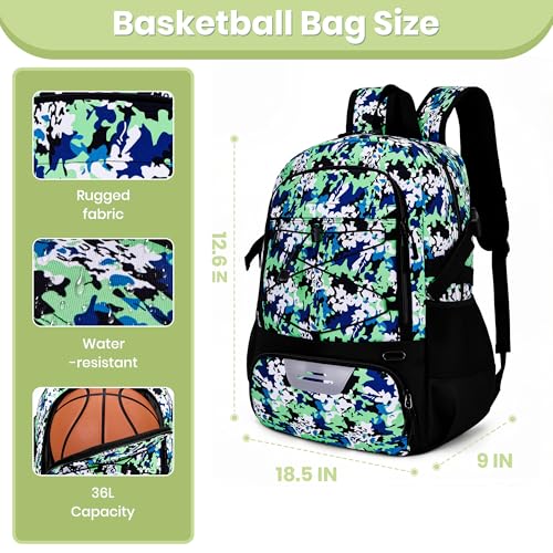 Hsmihair Basketball Backpack Large Sports Bag for Men&Youth,Gym Bag with Separate Ball & Shoes Compartment,Travel Bag for Basketball,Soccer,Volleyball - color: Green Camo