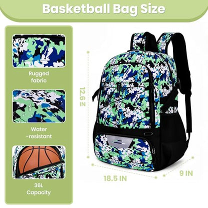 Hsmihair Basketball Backpack Large Sports Bag for Men&Youth,Gym Bag with Separate Ball & Shoes Compartment,Travel Bag for Basketball,Soccer,Volleyball - color: Green Camo