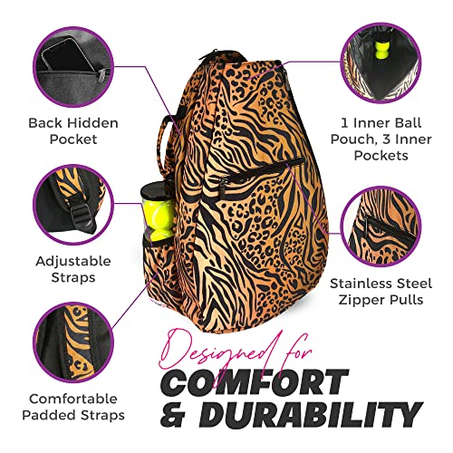 Womens Tennis Backpack - Taboo Fashions Ladies Tennis Bag Holds Two Racquets, Padded Straps and Side Carry Handle - color: Brown, Black, Animal Print
