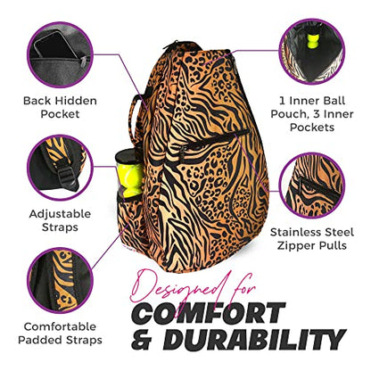 Womens Tennis Backpack - Taboo Fashions Ladies Tennis Bag Holds Two Racquets, Padded Straps and Side Carry Handle - color: Brown, Black, Animal Print