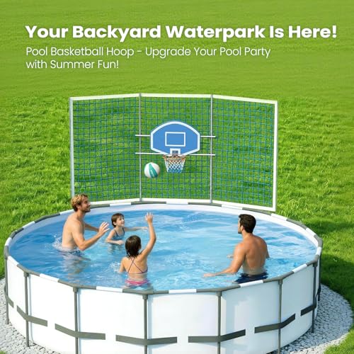 ECOPOOLTECH Pool Basketball Hoop with Backstop Net for Round Above-Ground Pools Only, Height Adjustable Thick PVC Backboard, Sturdy Stainless Steel Frame, Includes Basketball and Pump. - color: Navy Blue