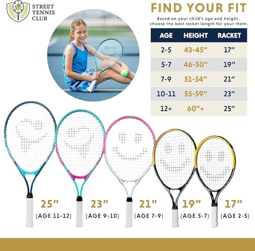 Kids Tennis Racket with Training Videos – Aluminum Youth Tennis Racket with Neoprene Handle for Children Age 5-12 – Learn Faster and Play Better by Street Tennis Club - color: Boys, size: 19