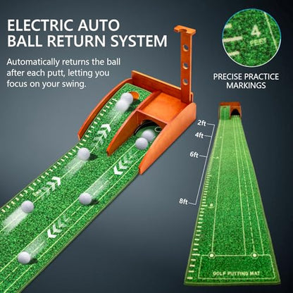 Golf Putting mat with Auto Ball Return, Putting Green Indoor, Crystal Velvet Mat and Solid Wood Base, Game Practice Golf Gifts for Home, Backyard, Office