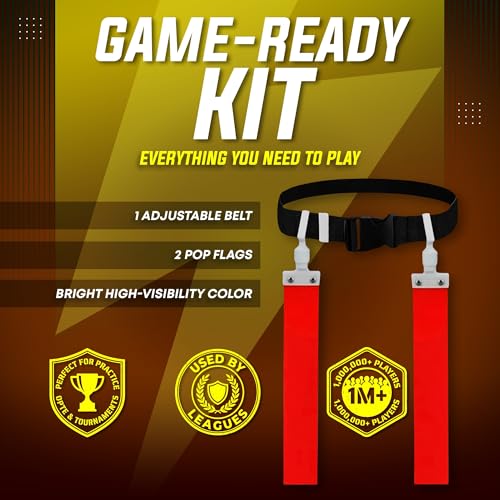 TEYS Flag Football Belts, Adjustable Waist for Youth & Adults, 1 Belt & 2 "POP" - Popper Flags, Heavy Duty Equipment for Game