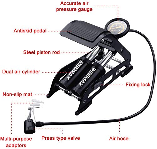 Double Barrel Pedal Pump, WEIDMAX Double Cylinder Bike Pump, Bicycle Foot Pump, Portable Bike Floor Air Pump, with Pressure Gauge and Intelligent Valve Head