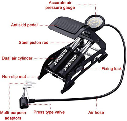 Double Barrel Pedal Pump, WEIDMAX Double Cylinder Bike Pump, Bicycle Foot Pump, Portable Bike Floor Air Pump, with Pressure Gauge and Intelligent Valve Head