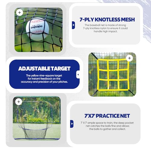 Zupapa 7x7 Feet Baseball Softball Hitting Pitching Net Tee Caddy Set with Strike Zone, Baseball Backstop Practice Net for Pitching Batting Catching for All Skill Levels - color: Blue
