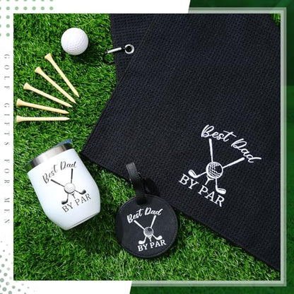 Funnymoom 3 Pcs Golf Gifts for Dad Men Husband Best Dad by Par Accessories Set Kit Include 12 oz Tumbler Tee Holder with Wood Golf Tee and Black Towel for Thanksgiving Day Christmas Birthday Gifts