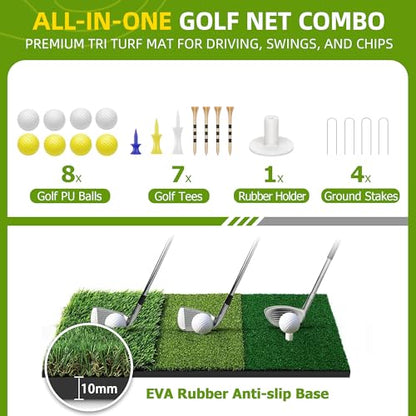 10x7ft Golf Net: Golf Hitting Practice Nets for Backyard Driving Real Balls, Heavy Duty Golfer Training Net with Mat for Outdoor/Indoor/Garage/Basement Hitting Swing Chipping,Ideal Gift for Men Dad