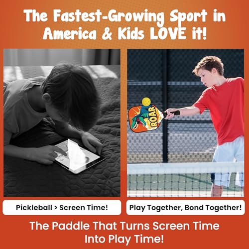 Kids Pickleball Paddle Designed for Ages 3–12 | Lightweight Fiberglass (0.37 lbs) | Small Grip for Easy Control | Fun Beginner Gift for Girls, Toddlers & Youth - color: Dinosaur