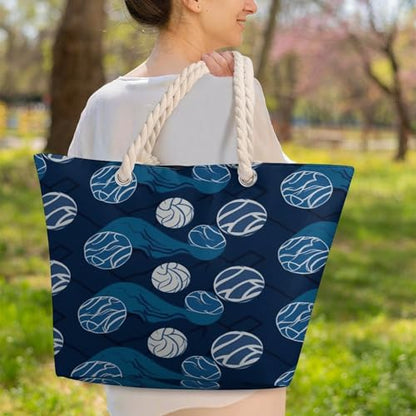 Blue Volleyball Handbag Large Capacity,Beach Bags with Hemp Rope Handles,Shoulder Bag with Zipper Compartments for Travel, Work, Gym