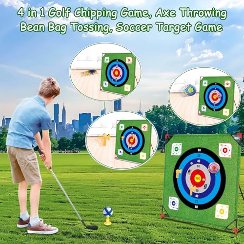 Golf Chipping Game with Stand: 4 in 1 Battle Golf Target Game Set with 16 Sticky Balls, 8 Bean Bags, 2 Soccer Balls, 6 Axes, Indoor Outdoor Yard Games Chipping Practice Mat for Dads Golfers