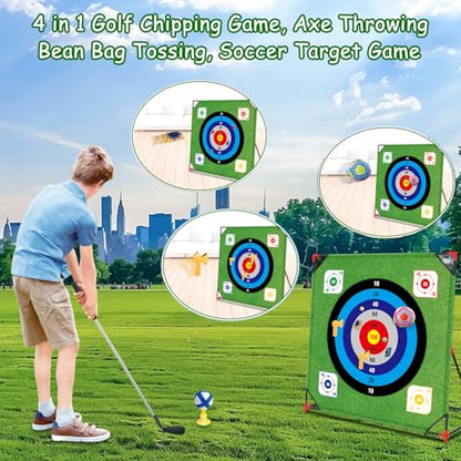 Golf Chipping Game with Stand: 4 in 1 Battle Golf Target Game Set with 16 Sticky Balls, 8 Bean Bags, 2 Soccer Balls, 6 Axes, Indoor Outdoor Yard Games Chipping Practice Mat for Dads Golfers