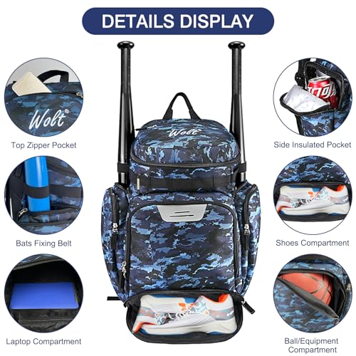 WOLT Basketball Bag Backpack with Separate Ball Compartment and Shoes Pocket, Gym Bags for Men, Large Sports Bag for Basketball, Soccer, Volleyball, Baseball - color: Camoblue