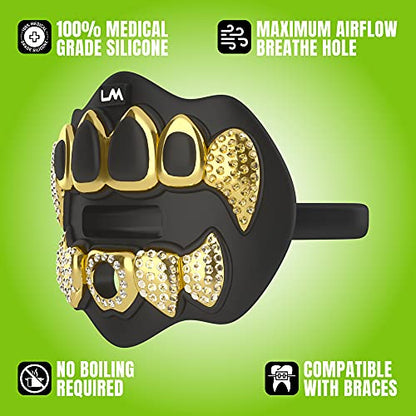 Loudmouth Football Mouth Guard - 3D Chrome Grillz Football Mouthpiece, Fits Adult & Youth, Mouth Guard Accessories (3D Grillz Bling - Chrome Black/Gold) - color: 3d Grillz Bling - Chrome Black/Gold