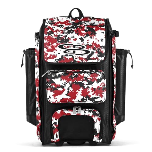 Boombah Catchers Superpack Hybrid Rolling Digital Camo Bat Bag - Multiple Colors - Wheeled & Backpack Version - color: Black/Red