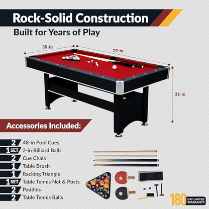 Hathaway Spartan 6 Ft Pool Table, with Ping Pong Multi Game Combo Tables for Family Recreation Game Rooms - Includes Billiard Balls, Cues, Paddles, Brush & More