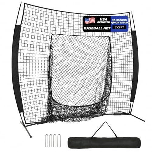 7 x 7 ft Baseball Net, Baseball Softball Batting Net for Practice Hitting Pitching Fielding, Quick Setup, Portable, with Carry Bag, 4 Ground Stakes - color: Black