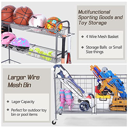 Ball Organizer for Garage, Steel Sport Equipment Organizer with Baseball Bat Holder and Hooks, Easy Assembly Storage for Balls, Kids' Toys, and Workout Gear in Basement, Home Gym, Outdoor