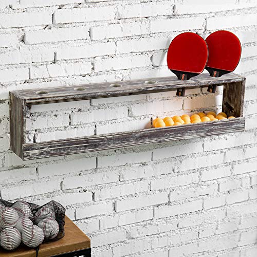 MyGift Wall Mounted Torched Wood Table Tennis Rack for Ping Pong Paddles and Balls Storage Shelf - color: Torched Wood