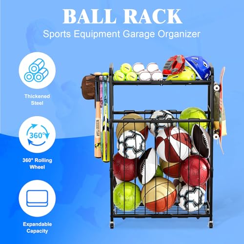 Garage Ball Storage Rack - Sports Equipment Organizer with Wheels, Rolling Sports Ball Cart with Elastic Rope, Outdoor Ball Holder for Basketball Soccer Volleyball Football, Garage Toy Storage