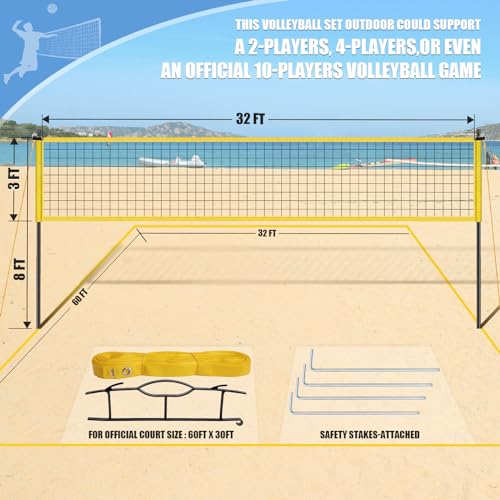 Portable Volleyball Set for Backyard Outdoor - Professional Volleyball Net with Poles, Includes Volleyball, Hammer, Boundary Lines & Carry Bag for Easy Setup