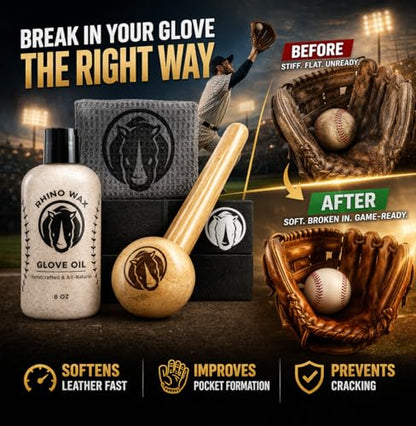 Rhino Wax - Baseball Glove Break-in Kits - May Include Premium Oil for Ball Gloves, Mallet for Breaking in, Shaping Wrap, and Microfiber Cloth - Everything to Get Your Glove Game Ready - size: Essentials Break In Kit