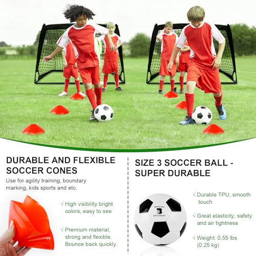 Kids Soccer Goals for Backyard Set - 2 Pack of 4' x 3' Portable Pop Up Soccer Nets, Training Equipment with Soccer Ball, Soccer Set for Kids Toddler and Youth Outdoor Games, Sports, Gifts