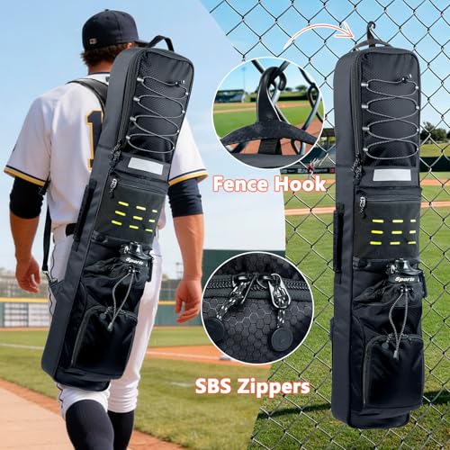 Rolling Baseball Bat Bag with Wheels, Large Capacity Gear Bag Holds 4 Bats, Reinforced Hard Base & Structured Back Panel, Top & Bottom Grab Handles, Shoe & Helmet Compartments for Youth &Adult Players - color: Black - Slim Style - No Wheels