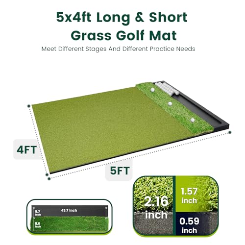 Golf Hitting Mat with Ball Tray 5x4ft - 6x4ft Dual-Turf Practice Mat for Indoor & Outdoor Use Golf Training Mat with Rubber Tee Holes, Suitable for Swing Driving & Chipping - size: 5 x 4 ft - 1.22"