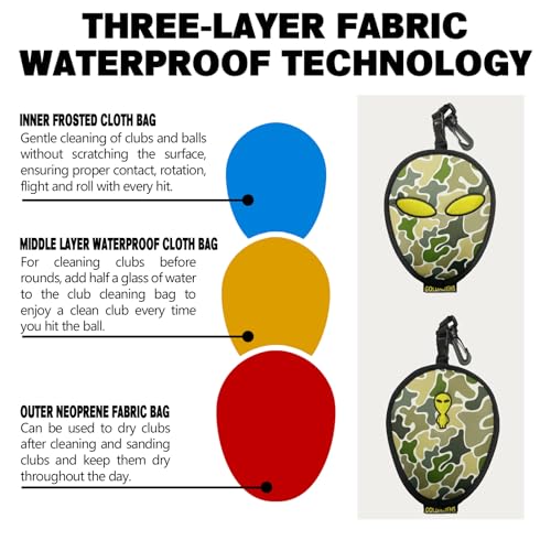Golf Club Cleaner & Ball Cleaning Bag,Original Three-Layer Fabric Waterproof Technology,Golfer's Ultimate Green Clean Scrub Equipment Accessories,Removable Clips to Support Machine Washing - color: Camo Green