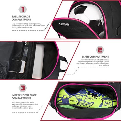 LARIPOP Soccer Backpack with Ball Holder & Shoe Compartment Large Capacity Youth Sports Bag for Training - color: Rose Red