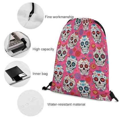 Lightweight Drawstring Sackpack Sports Backpack Waterproof for Gym Travel Hiking Men Women Durable Polyester, Sugar Skull Mexcian Bags - color: Picture (636)