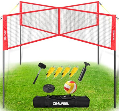 ZEALFEEL 4 Square Volleyball Game Set, 3 Heights Adjustable 4-Way Volleyball Net with Vollyball, Pump, Carry Bag, Hammer, 14 FT 4 Person Net for Backyard Beach Lawn, Great for Family Fun