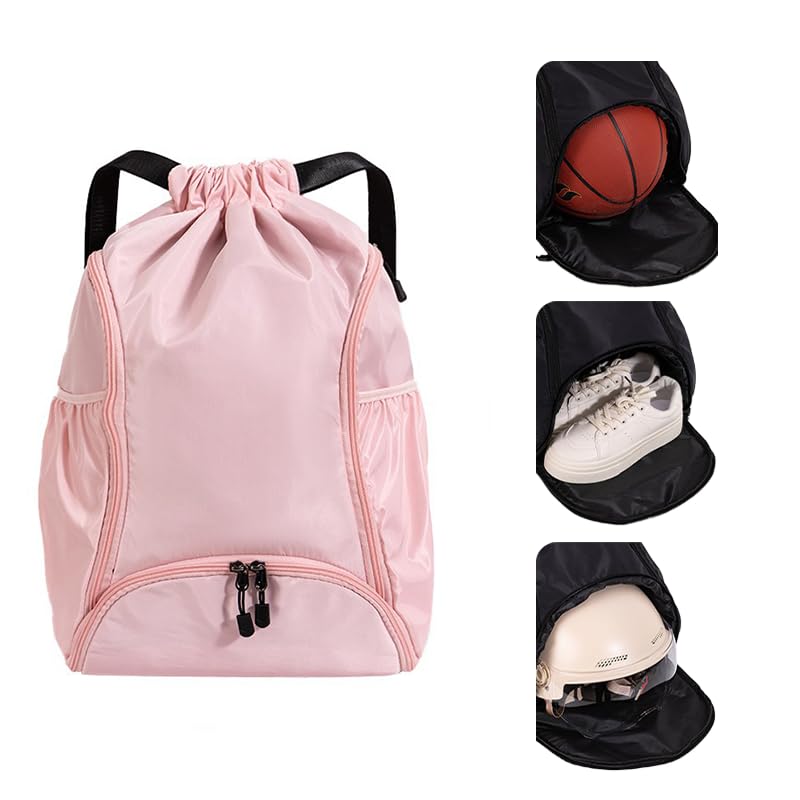 Sports Drawstring Backpack, Waterproof Swim Gym Bag for Women&Men, String Basketball Pack with Shoes Compartment, Pink - color: Pink