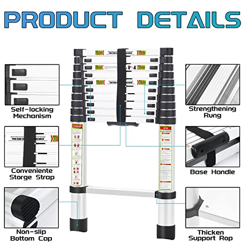 RIKADE Telescopic Ladder, 10.5 ft Aluminum Telescoping Ladder with Non-Slip Feet, Portable Extension Ladder for Household and Outdoor Working, 330 lb Capacity