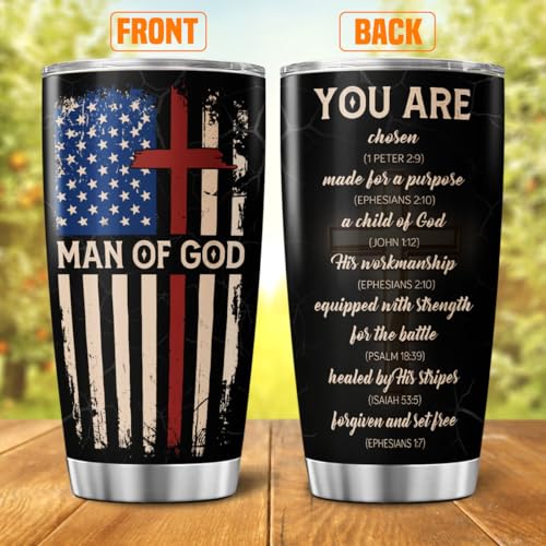 Christian Man of God 20oz Insulated Tumbler, Bible Verse Travel Mug with American and Cross, Religious Gift for Men, Spiritual Faith Cup for Dad, Husband, Pastor, Church - color: Christian American Flag