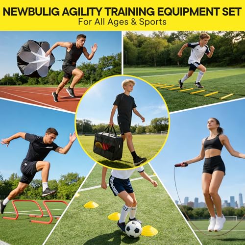 Agility Ladder Speed Training Equipment Set-20ft Ladder,12 Cones, 4 Adjustable Hurdles, Jump Rope, Resistance Parachute| Soccer,Basketball, Football Practice Equipment for Youth, Adults