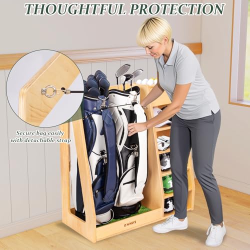 WINGYZ Premium Birch Plywood Golf Bag Storage for 2 Bags | 36lb Rock-Solid Golf Bag Organizer | 7-Shelf Command Center | Artificial Turf 12-Ball Display | No Wall Mounting Required (Natural) - color: Natural