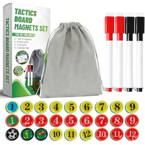 ZPU 27 Picese Soccer Board Magnets, Soccer Magnets Set with 2 Dry Erase Black Marker Pens, 2 Red Marker Pens, 1 Storage Bag, Tactics Strategy Board Coaches Clipboard Accessories (Board NOT Included) - style: Soccer