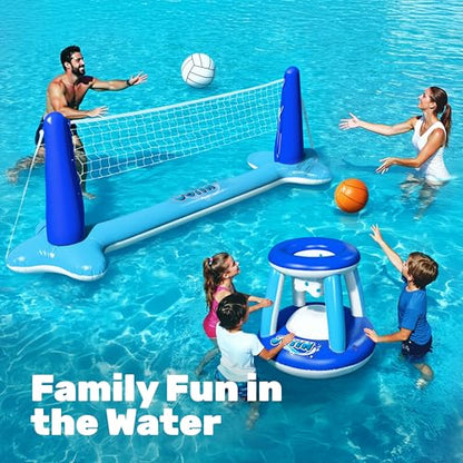 JOYIN Inflatable Volleyball Net & Basketball Hoops Pool Float Set; Balls Included for Kids/Adults, Summing Pool Game, Floating, Summer Floaties, Volleyball Court |Basketball,L-Dark Blue - color: Dark Blue, size: Large