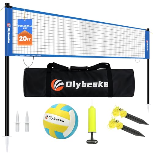 Portable Outdoor Volleyball Net Set for Backyard Beach with Adjustable Poles, Soft PU Volleyball & Pump, Carry Bag and Durable Anti-Sagging Net - color: Blue, size: 20ft