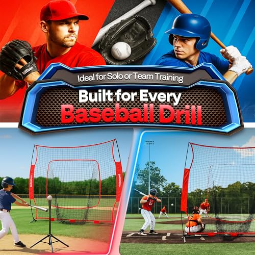 VIVOHOME Baseball Softball Batting Net - 7x7 Ft Baseball Backstop, Softball Practice Net for Hitting, Pitching, Throwing with Batting Tee and Carry Bag - style: 7 x 7 ft Red Net with Tee