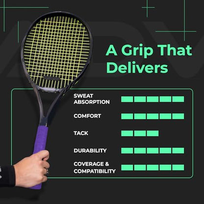 ADV Dry Tennis Overgrip Tape - 3, 6, 12, 30, 60 Pack - FeltTac Tennis Racket Grip Tape - Ultra Absorbent Tennis Grip Tape - Comfort Tennis Racket Grips - Tennis Grips Overgrip - color: 12-Pack Purple